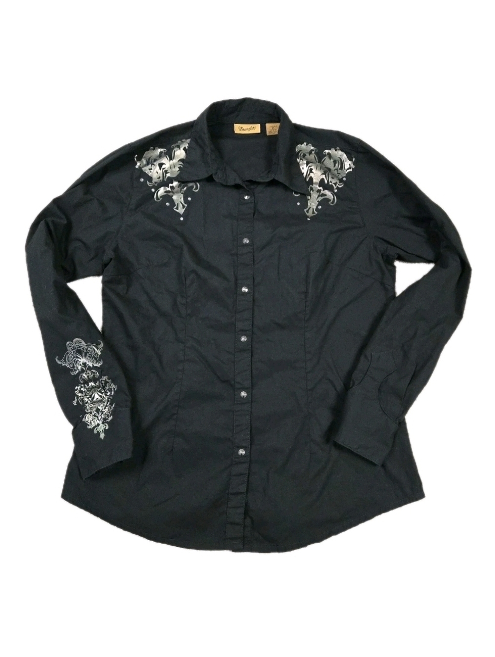 Wrangler Snap Button Down Shirt Black Shimmer Foil Rhinestones Rodeo